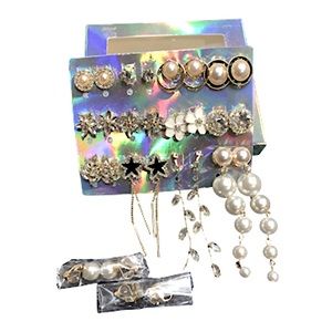 14 Pairs Gold , Silver & Pearl Clip on Earrings Set